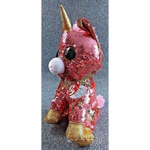 Ty Flippables Sunset The Unicorn 7" Beanie Boos Plushie Pink & Gold Glitter